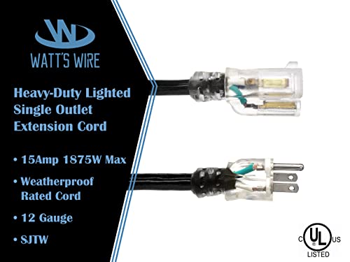 6-Ft 12/3 Heavy Duty Lighted Sjtw Indoor/Outdoor Black Extension Cord By Watt's Wire - Short 6' 12-Gauge Grounded 15-Amp Power-Cord (6 Foot 12-Awg Black) #TOP2