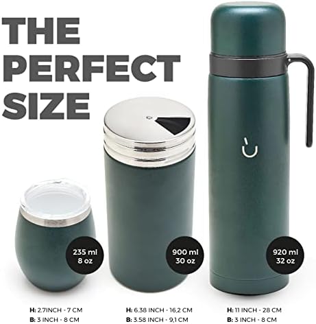 BALIBETOV Yerba Mate Cup Set - Modern Yerba Mate Gourd, Thermos, Yerba Mate Container (Yerbero), Bombilla (Mate Straw) and Cleaning Brush - 304 18/8 Stainless Steel (Green)