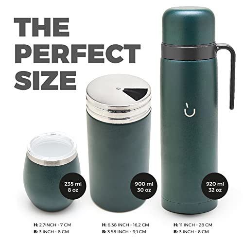 BALIBETOV Complete Yerba Mate Set - Modern Mate Gourd, Thermal Flask, Yerba Container, Bombilla and Cleaning Brush Included - All Premium Quality 304 18/8 Stainless Steel (GREEN)