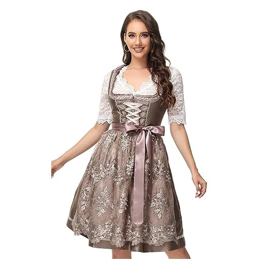 TrendiMax Trachten Damen Dirndl Midi Dirndlkleid Tachtenkleid für Oktoberfest mit Spitzenschürze, Dunkelkaffee,36