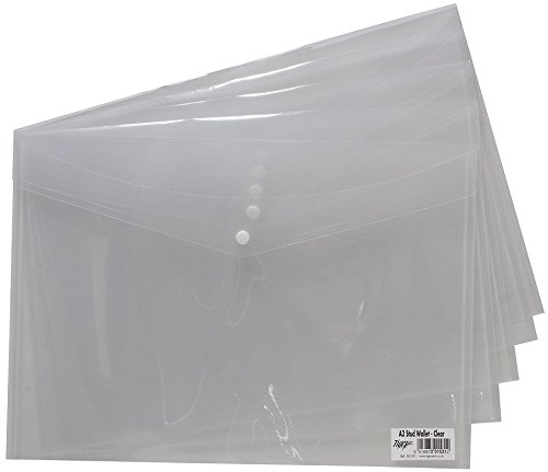 Tiger A3 Plastic Wallet Files For Document Storage - Stud Closure - Transparent Clear - Pack of 5