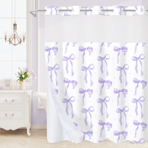 Litabel No Hook Purple and White Cute Bows Shower Curtain and Liner Set, Lavender Modern Girly Shower Curtain with Snap in Liner, Chic Elegant Girls Fashion Pretty Sweet Bows, 72 x 74