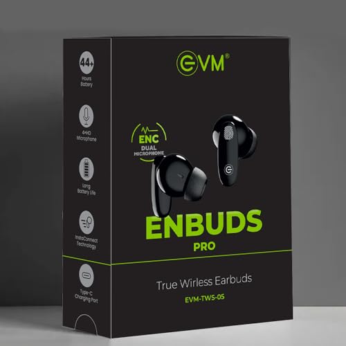 Image of EVM EnBuds Pro TWS - 44 Hours Playtime - True Wireless Earbuds with ENC & Quad Mics - Type C Charging Port - 13mm Speakers, 500 mAh Battery & BT 5.3-1 Year Warranty (EVM-TWS-05-P) (Black)