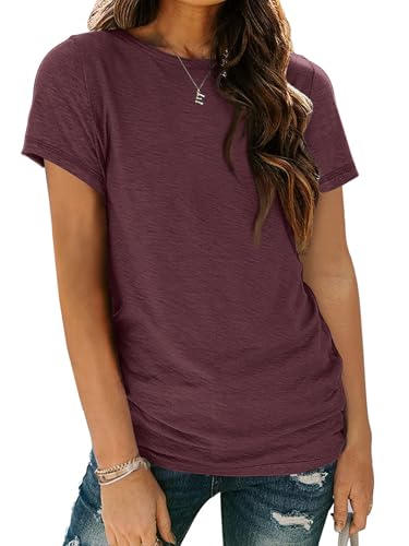 AUTOMET Women's Soft Basic Short Sleeve T-Shirt, Round Neck Tops Summer Casual Tee for Spring Shirts Clothes Everyday Wear 02winered L