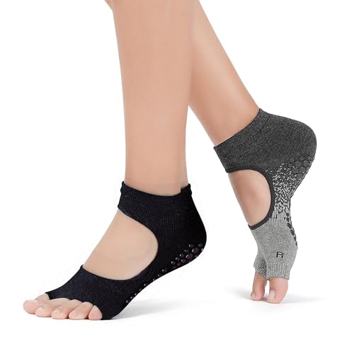 Womens Pilates Yoga Toe Socks with Grips Non Slip Cushioned Crew Socks Mid Calf for Barre Ballet