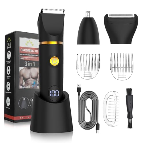 Qreeyx Manscape Body Trimmer for Men, 3 in 1 Men's Grooming Kit with Pubic/Nose Hair Trimmer & Ball Shaver for Nose/Balls/Groin/Legs/Chest Hair Removal, LED Display, IPX6 Waterproof, Gifts for Him Dad
