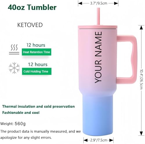 Image of Personalised with Your Name, 1200ml Tumbler with Straw-Handle-Stainless Steel Double Wall Insulated Cup | Leakproof Sipper Mug for Hot-Cold Drinks |Coffee - WaterTumbler(Pink Blue Custom)