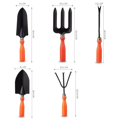 Image of Amazon Brand - Solimo 5-Piece Gardening Tool Kit | Hand Cultivator, Hand Fork, Large & Small Trowels, Weeder | Gardening Tools Set for Home Gardens | Great for Gifting
