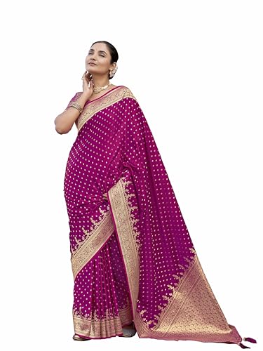 Image of MANOHARI Women's Trendy Banarasi Satin Silk Woven Saree with Heavy Jacquard Work, Elegant Design, Silk Saree with Maching Lace Border Unstitched Blouse Piece for Weddings & Festive Occasions