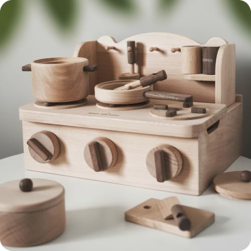 Cocina de juguete de madera con efectos de sonido perillas y horno 6