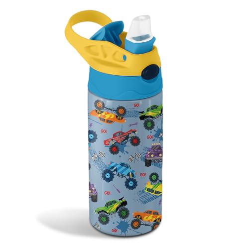 12 oz Monster Truck Kids Water Bottle, Cool Cars Water Bottle for School, Kids Insulated Bottles with Straw & Handle, Leak-Proof, BPA-free, Straw Lid, Stainless Steel for Travel Gift Cup for Boys