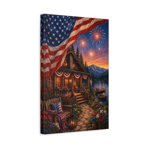 Tableau cabine rustique patriotique au-dessus du canapé de votre salon