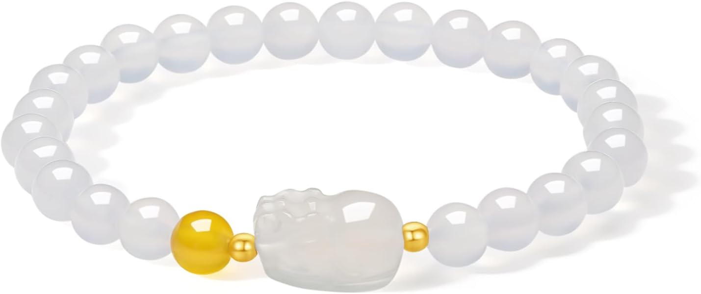 ZHOU LIU FU 18K Gold Bracelets Chalcedony Beaded Bracelet Pixiu Charm Bracelet Natural Round White/Pink/Green Chalcedony Red Agate Gemstone Stretch Bracelets Healing Bracelet for Women Mom Lover