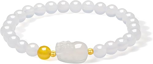 Pulseras de oro de 18K con cuentas de calcedonia, pulsera con amuleto Pixiu, pulsera elástica natural con cuentas redondas de calcedonia