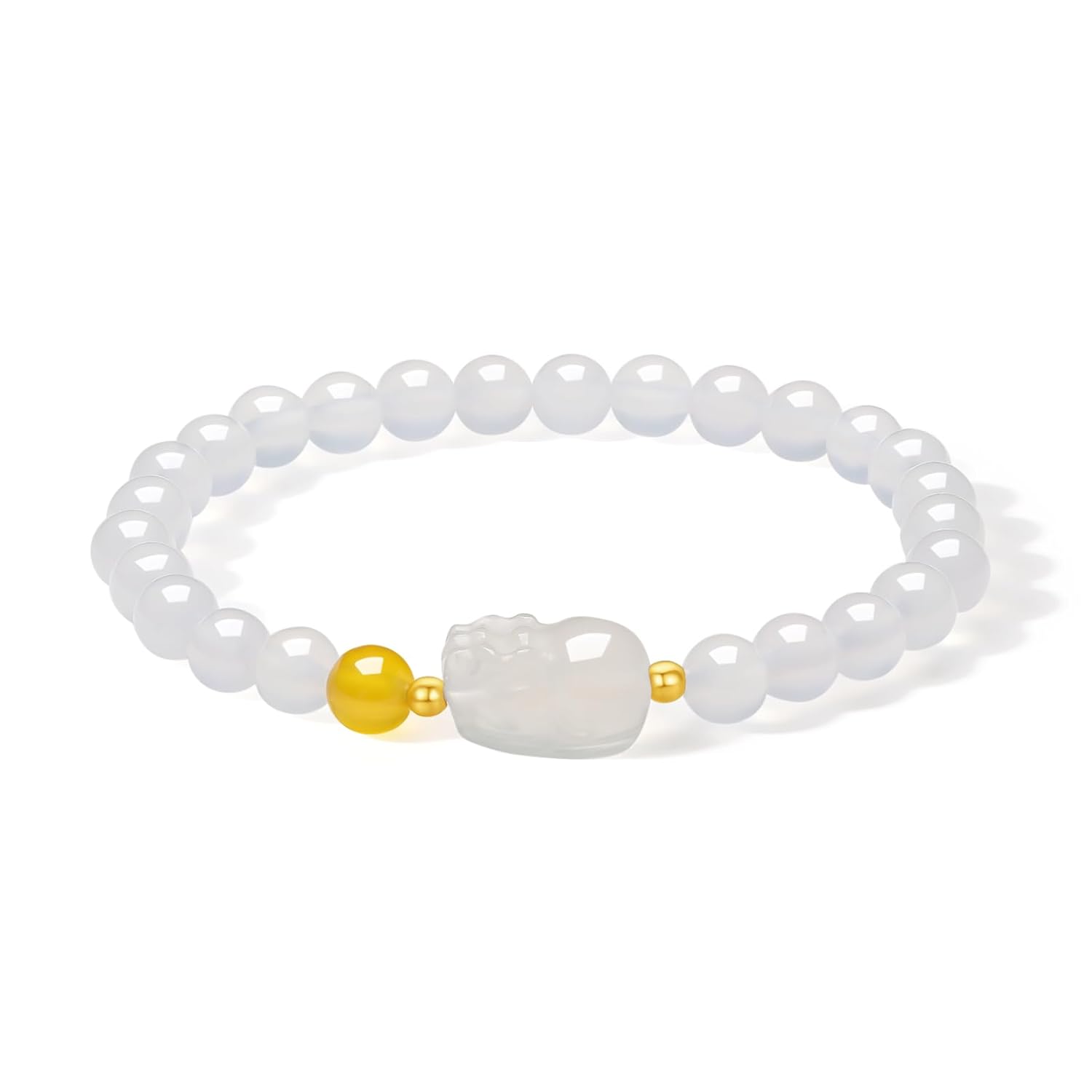 ZHOU LIU FU 18K Gold Bracelets Chalcedony Beaded Bracelet Pixiu Charm Bracelet Natural Round White/Pink/Green Chalcedony Red Agate Gemstone Stretch Bracelets Healing Bracelet...