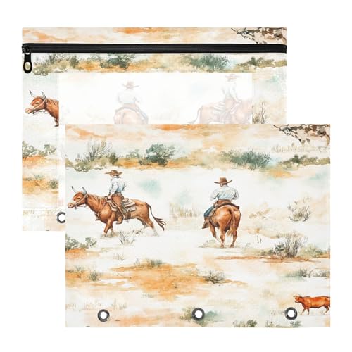 2 Pack Pencil Bags 3-Holes 3 Hole Punch for A4 Paper Letter Teacher Back to School Western Cowboy Cow Cowgirl Vast Wilderness