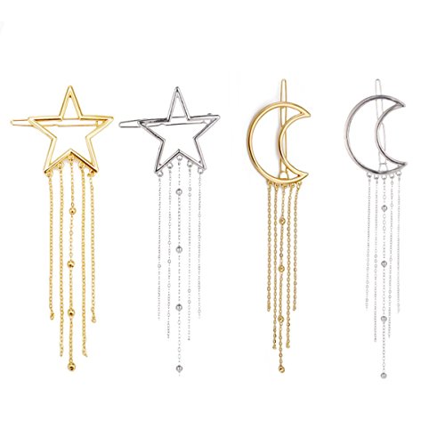 Numblartd 4 Pcs Fashion Metal Alloy Geometric Stars Moon Tassel Hair Clip Pins - Women Hollow Side Clip Hairpin Barrettes Bobby Pins Headdress Hair Accessories