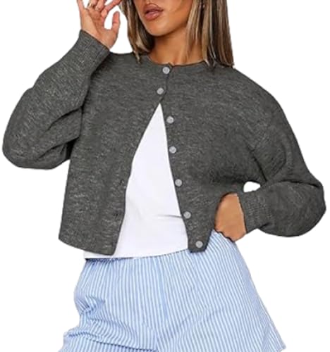 Image of Faretumiya Women Y2k Button Down Crop Sweater Cardigan Long Sleeve Open Front Crewneck Cardigan Cute Knit Pullover Tops