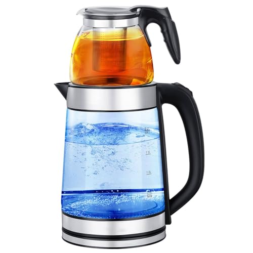 WJWWO Tettle di Vetro di Teiera Elettrica A 2 Strati, 1,8L+0,2 Litri di Teiera di Vetro Turco con Base Rotante A 360 Gradi, Adatta per I tè Russi E Turchi