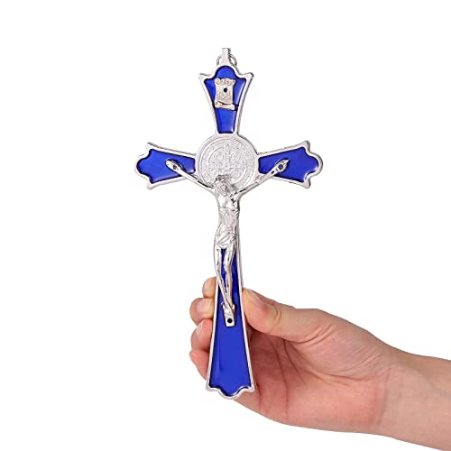 VINETEN Blue Enamel Crucifix Wall Cross -Saint Benedict Metal Wall Art-Cross Give Blessing and The Spiritual Sacred -Crucifix Gift for Grandma, boys Baptism Gift