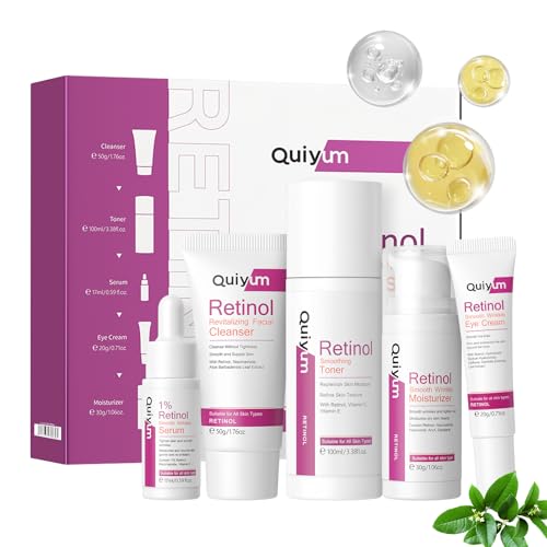 QUIYUM Set de cuidado de la piel Retinol,5 piezas para el cuidado facial,incluye limpiador facial tónico, suero, crema para ojos y humectante, para mujeres, hombres y adolescentes