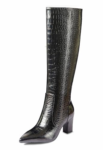 Faux Crocodile Leather Women's Knee High Boots 3.2 Inches Wide Calf Block Heel Pointed Toe with Side Zipper Tall Fall Boots Sparkly Metallic Boots