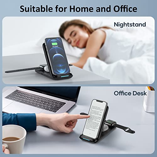 Cargador inalámbrico Rápido 3 en 1 para i Phone y Apple Watch, CKCN 15W Estación de Carga rápida Plegable con Adaptador QC 3.0, Wireless Charger de Carga inductiva para iWatch SE/7/5/4/3/2 Air pods