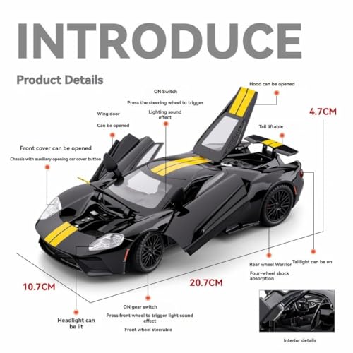 Image of PLUSPOINT Die cast Metal GT 1:24 Toy Car Collectible,Vehicle Doors openable with Lights and Sounds,Pull Back Decoration Model Car Toy for Adults Kids Birthday Gifts