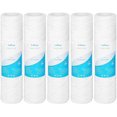 Lafiucy 20 Micron 10" x 2.5" String Wound Sediment Water Filter Cartridge,5 Pack,Whole House Sediment Filtration, Universal Replacement for Most 10 inch RO Unit Cover