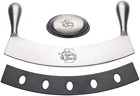 The Bold Bee's 12" Stainless Steel Mezzaluna Knife & Cover + FREE Stainless Steel Soap Odor Remover | Pizza Cutter | Fruit, Vegetable & Salad Chopper & Dicer | Herb Mincer