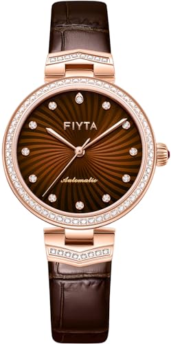 Image of FIYTA Ladies' Classic Diamond Automatic Watch, 3-Hand, Minimalist Large dial, Synthetic Sapphire Crystal, Leather Band, 32MM, Brown, 32mm, Heartouching