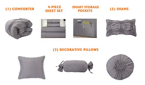 Elegant Comfort 10-Piece Bed-In-A-Bag Sunflower Comforter Set, Silky Soft Complete Comforter Set Includes Bed Sheet Set With Double Sided Storage Pockets Featured, King/Cal King, Grey #TOP4