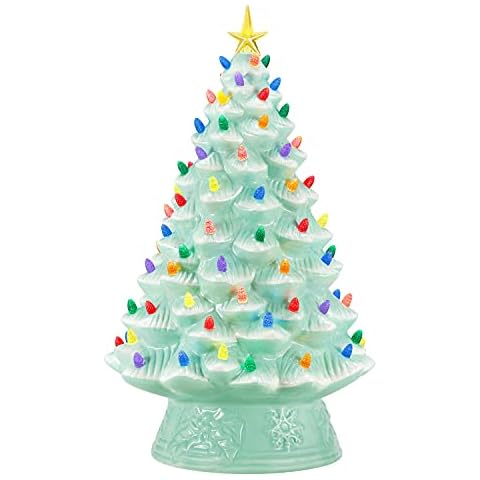 Mr. Christmas Nostalgic Ceramic Christmas Tree with LED Lights Indoor Decoration, 18 Inches, Seafoam Cover