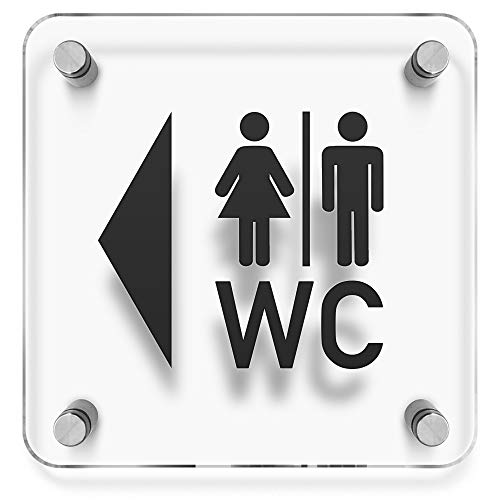 Targhetta per WC e porta con freccia, 150 x 150 mm La targa è realizzata in vetro acrilico trasparente da 3 mm. Include 4 distanziatori in acciaio INOX V2A per il montaggio a parete