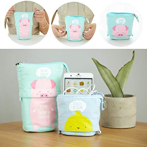 Cute Carton Stand up Pencil Holder,Canvas Pen Pencil Case Organizer Transformer Stand Store Pencil Case Box, Telescopic Stationery Pouch Bag with Zipper Closure for Boys Girls Students (Khaki)