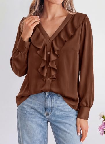 dowerme Womens Long Sleeve Tops Satin Ruffle Button Shirts — view 3