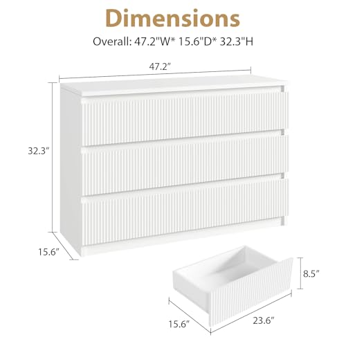 Jocoevol 6 Drawer Dresser, Fluted Dresser for Bedroom with Sleek Hidden Handles, Bedroom Dressers with Drawers, Wood Closet Clothes Storage Organizer for Bedroom, Pure White
