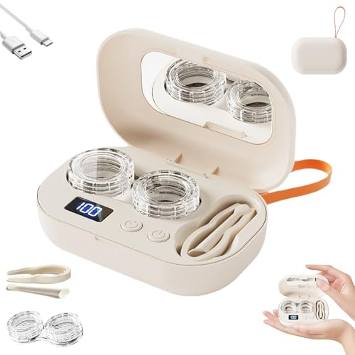 Portable Rechargeable Ultrasonic Contact Lens Cleaner Case, Compact Deep Cleaning Device, Contact Lens Cleaner Machine with 3-Minute Cycle, Mirror & Tweezers for Travel, Office (1Pcs)