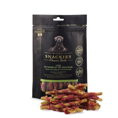 SNACKIES Premium Snacks für Hunde, ohne Zusatz von Getreide, Zucker, Farb-, Aroma- und Konservierungsstoffe, schonend luftgetrocknete Leckerli, Feine Entenbrust mit Kohlrabi 170g