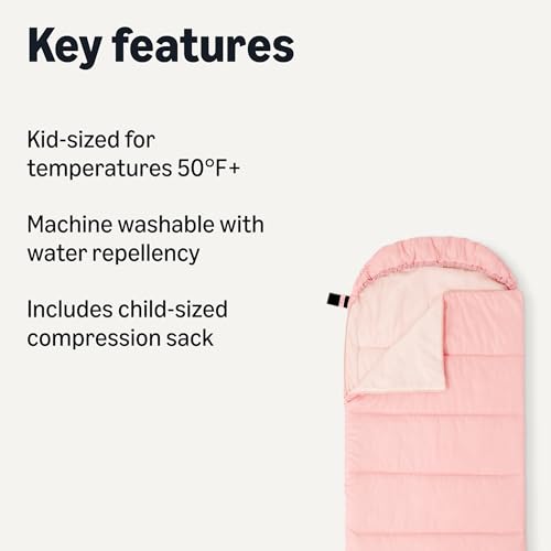 Saco de dormir para niños Amazon Basics, ligero para camping al aire libre, 3 estaciones, con capucha integrada, lavable a máquina, compacto con bolsa de compresión miniatura 2