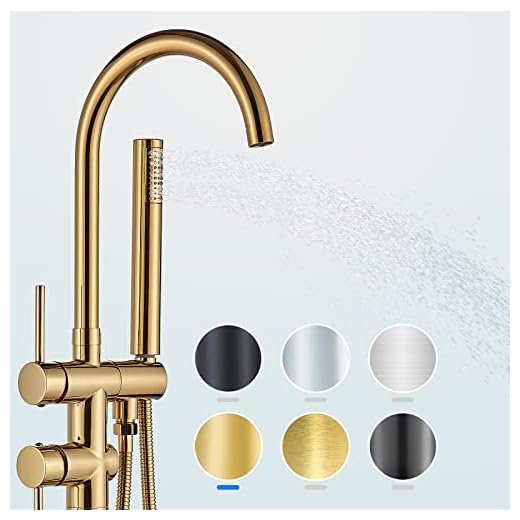 YAGATAP Freestanding Bathtub Faucet Floor Mount Tub Filler Polished Gold High Flow Shower Faucets with Handheld Shower Mixer Taps Swivel Spout…