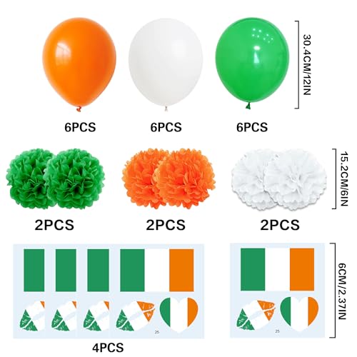 St Patricks Day Decorations Set - Irish Flag Balloons Green White Orange Paper Pom Poms, Ireland Garland and Temporary Tattoos for St Patrick’s Day Party Decor - Image 3