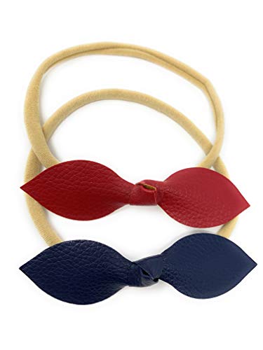 2 Infant Headbands Faux Leather Knot Bows Baby Girl Elastic Nylon Headbands
