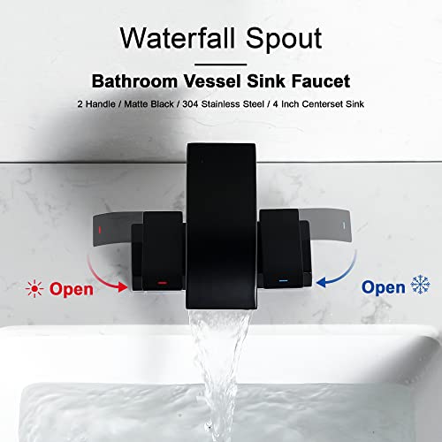 Matte Black 2-Handle Waterfall Bathroom Faucet - 4 Inch Centerset Sink Faucet, 3 Hole Widespread Bathroom Sink Faucet, Lavatory Vanity Faucet With Supply, Stainless Steel Washbasin Faucet #TOP3