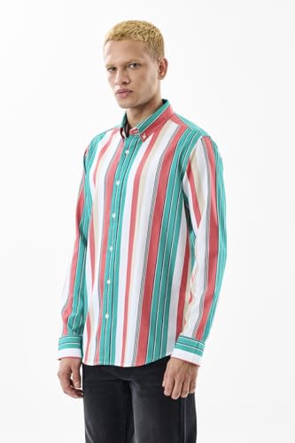 Image of SNITCH Men Casual Shirt | Slim Fit Full Sleeve Button-Down Collar Striped Design | 100% Cotton & Breathable Fabric for Everyday Wear & Semi-Formal Occasions | Teal