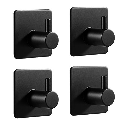 LJLink Self-Adhesive Hooks Stainless Steel Matte Black Wall Key Towel Hooks, Waterproof Modern for Bathroom Kitchen Bedroom Office, 4 Pack