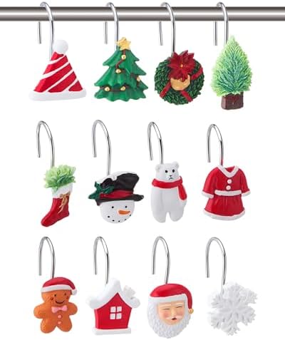 Jetec 12 Christmas Shower Curtain Hooks, Resin Decorative Rings