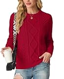 GRECERELLE Women's Fall & Winter Sweater Crewneck Long Sleeve Cable Knit Chunky Vintage Casual Pullover Tops (Small, Red)