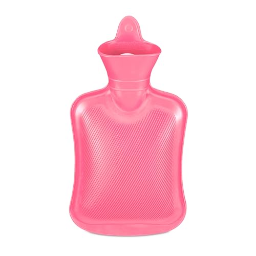 Relaxdays Wärmflasche, 1 Liter, ohne Bezug, Kinder & Erwachsene, Gummi, Warmwassertasche mit Schraubverschluss, pink