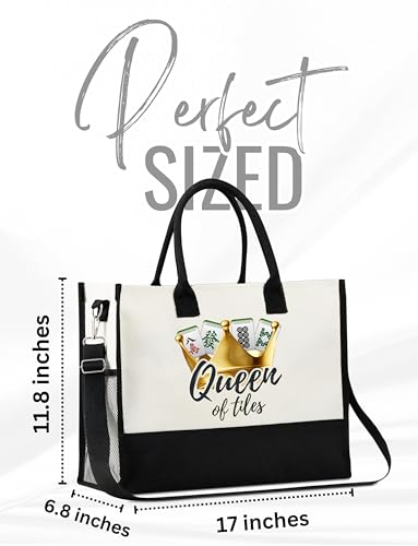 Image of InnoBeta Mahjong Gifts for Women, Mahjong Canvas Tote Bag with Zipper Closure & Shoulder Strap, Mahjongg Gifts for Birthday